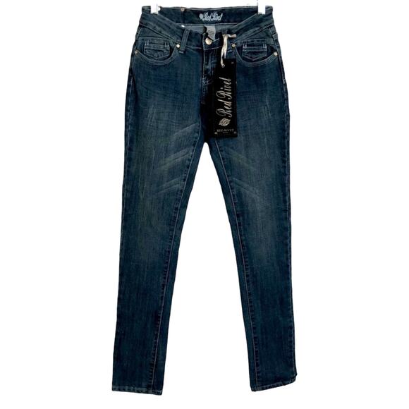Red Rivet Denim Skinny Jeans Junior Size 1 Studded Flap Back Pockets Inseam 33" - Picture 1 of 5